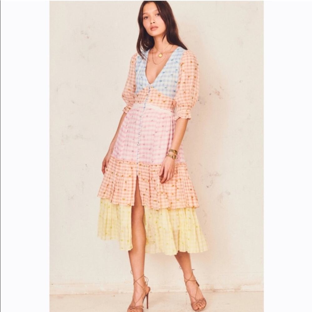 Love Shack Fancy Romantic Cottage Core Plaid Midi Puff Sleeve Ruffle Dress 8 - Picture 4 of 13